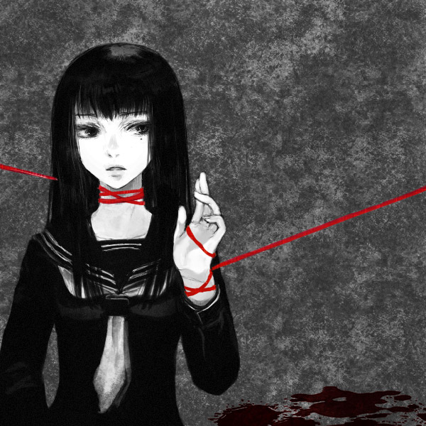 kno, kno (anahita), bad id, bad pixiv id, 1girl, black hair, blood, female focus, long hair, mole, mole under eye, monochrome, school uniform, serafuku, solo, spot color, string, string of fate