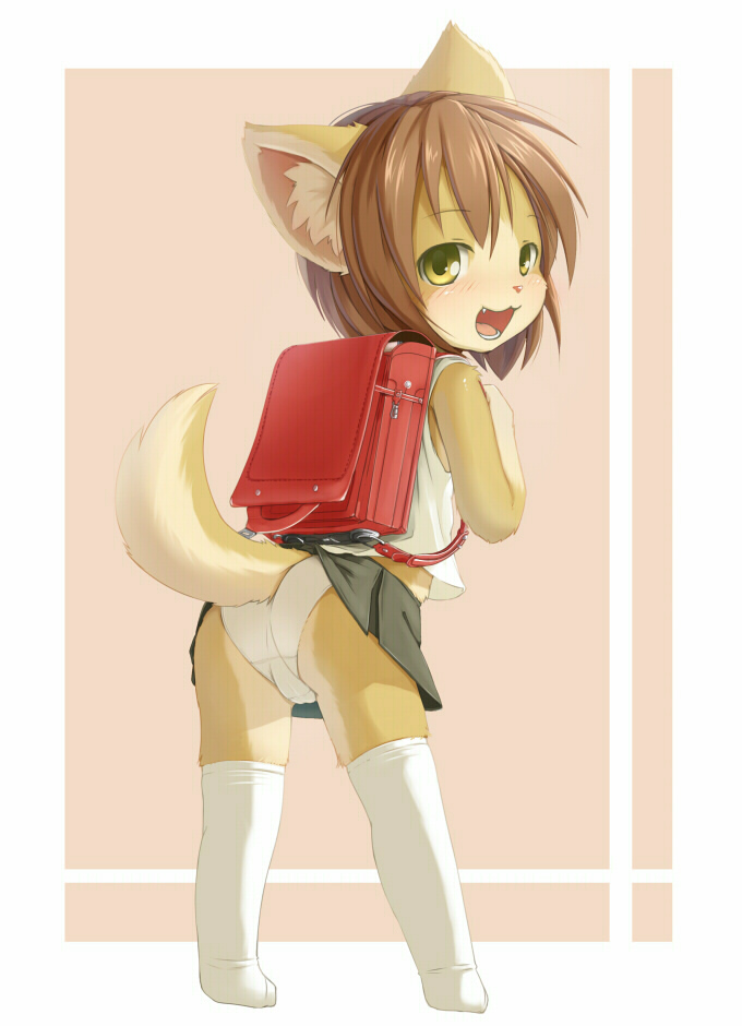 kagerofu, 1girl, animal ears, animal hands, ass, backpack, bag, blush, brown hair, clothes lift, dog ears, dog tail, fang, female focus, furry, furry female, loli, looking at viewer, looking back, open mouth, panties, randoseru, skirt, skirt lift, smile, socks, solo, standing, tail, thighhighs, underwear, upskirt, white socks, yellow eyes