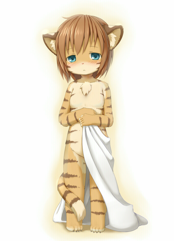 ka (pixiv341010), kagerofu, bad id, 1girl, :<, animal ears, animal hands, barefoot, blanket, blue eyes, blush, cat ears, cat tail, female focus, furry, furry female, loli, nude, solo, tail