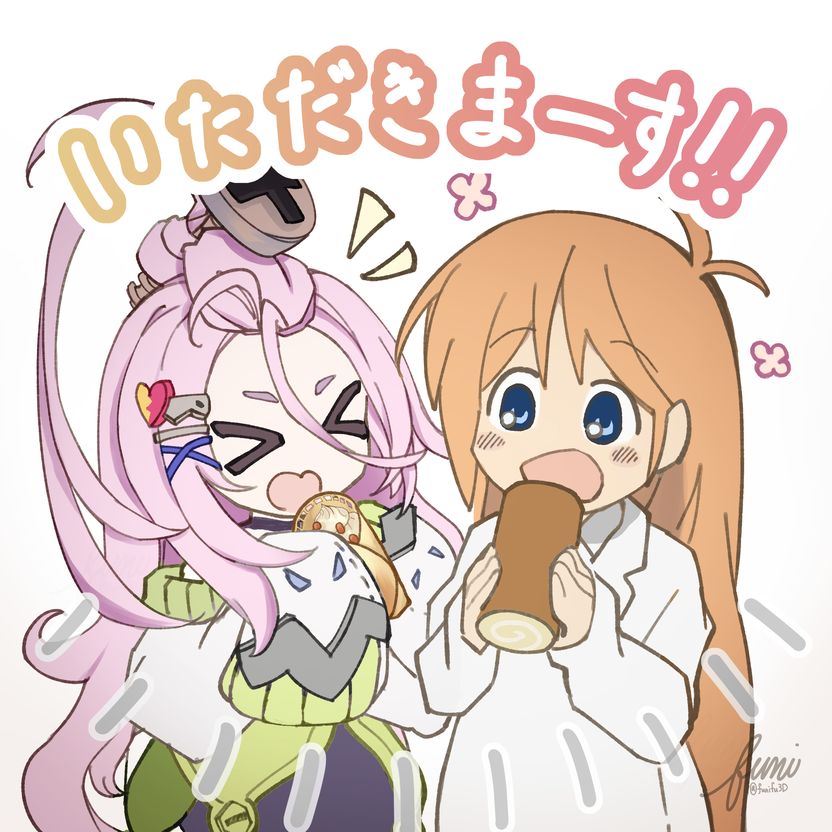 aino (genshin impact), professor shinonome, genshin impact, nichijou, absurdres, highres, > <, 2girls, bangs pinned back, broken heart, broken heart hair ornament, closed lab coat, forehead, funi22222, heart, lab coat, multiple girls, orange hair, screw, screw hair ornament, sleeves past fingers, sleeves past wrists