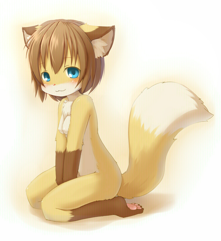 ka (pixiv341010), kagerofu, bad id, 1girl, :3, animal ears, animal hands, aqua eyes, barefoot, blush, feet, female focus, fox, fox ears, fox tail, furry, furry female, kneeling, loli, nude, pawpads, smile, soles, solo, tail, toes