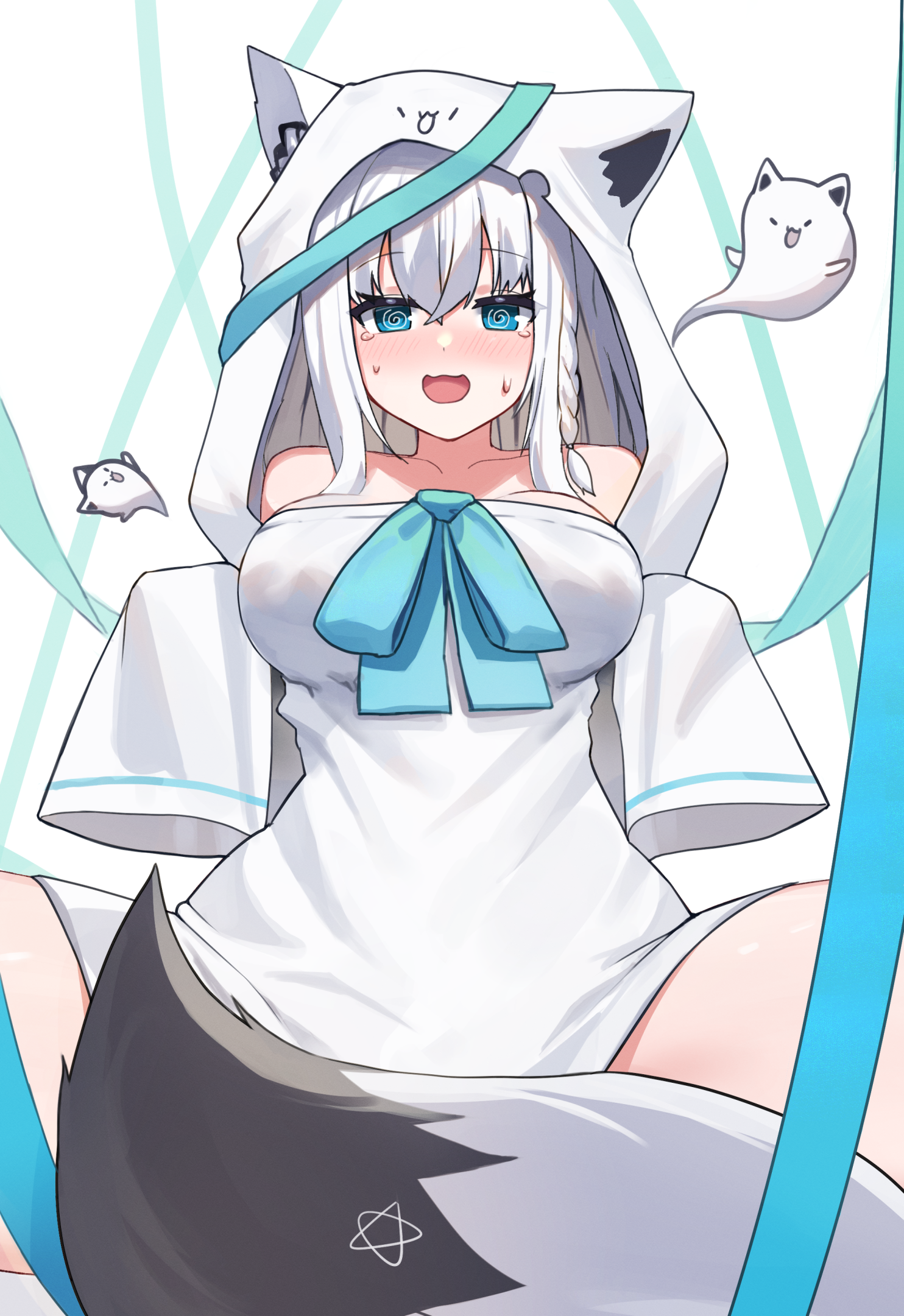 woogi (duguddnr), miteiru (shirakami fubuki), shirakami fubuki, hololive, highres, 1girl, @ @, alternate costume, animal ears, blue eyes, blush, braid, breasts, fox ears, fox girl, fox tail, halloween, hood, large breasts, looking at viewer, open mouth, pentagram, single braid, sitting, solo, tail, thighs, virtual youtuber, white hair