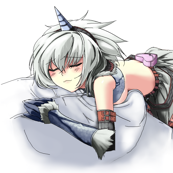 grune, capcom, monster hunter (series), 1girl, :3, breasts, elbow gloves, female focus, gloves, hairband, heart, horns, kirin (armor), large breasts, sideboob, single horn, sleeping, solo, underboob, white hair