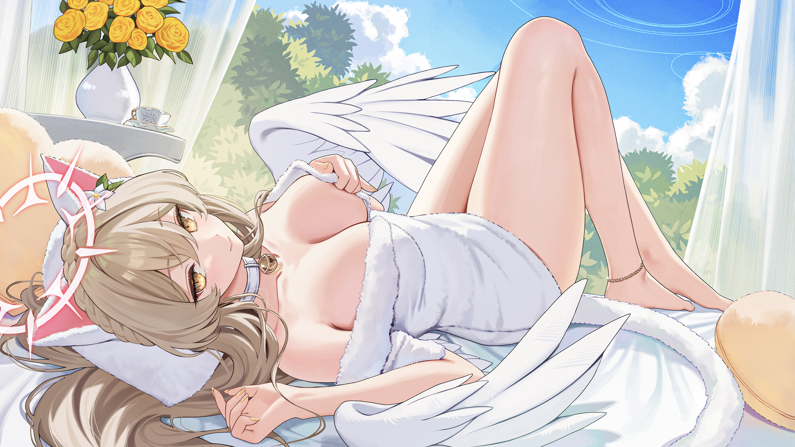 lichiko, nagisa (blue archive), blue archive, commentary request, highres, 1girl, alternate costume, animal ear hairband, animal ears, blue sky, breasts, brown eyes, brown hair, cat ear hairband, cat ears, cat tail, cleavage, closed mouth, cloud, cloudy sky, day, dress, fake animal ears, feathered wings, fur-trimmed dress, fur trim, hair between eyes, hairband, knees up, large breasts, looking at viewer, low wings, lying, on back, sky, smile, solo, tail, white dress, white wings, wings