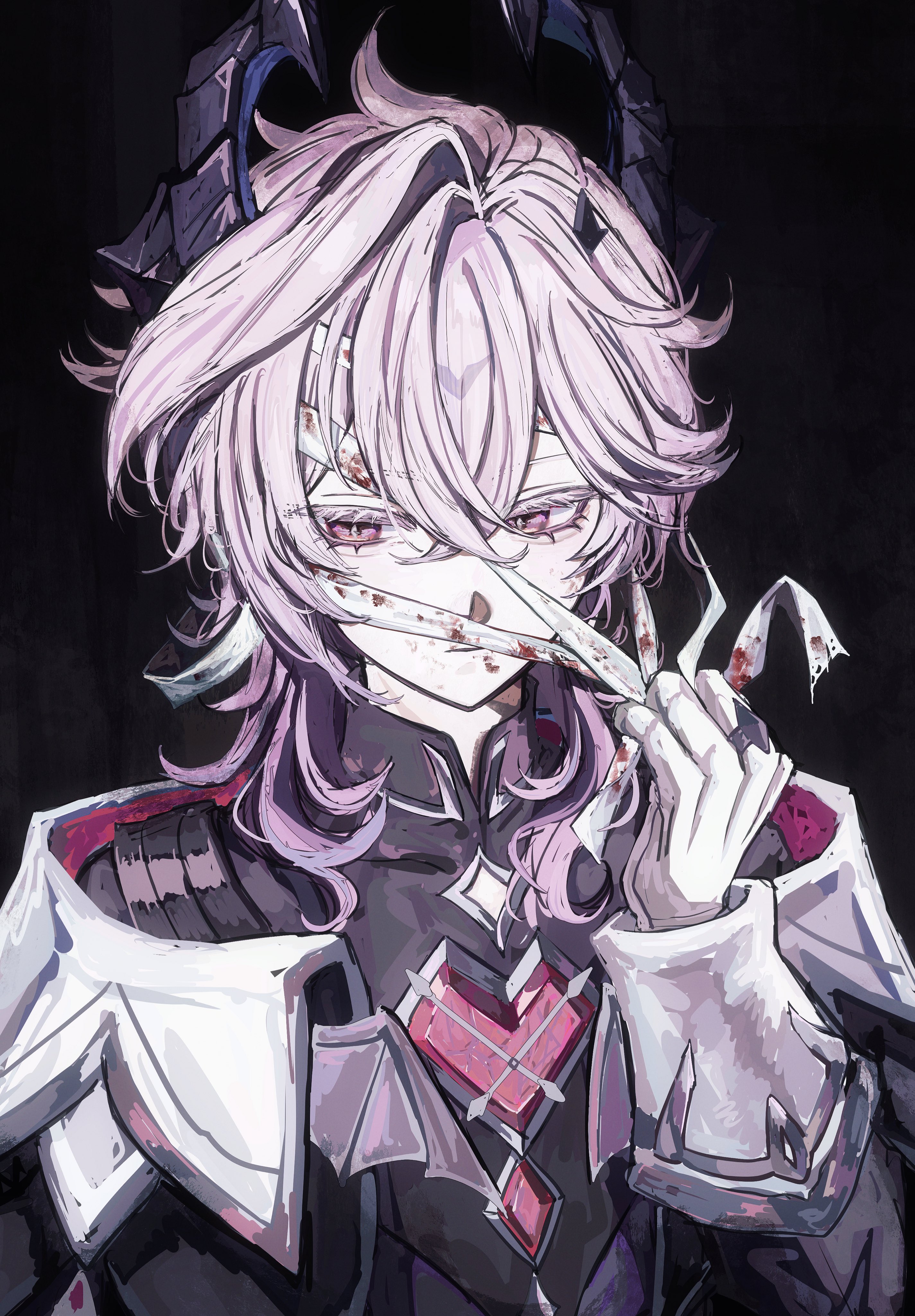 koumimi, mini durin (genshin impact), mini durin (human) (genshin impact), genshin impact, absurdres, commentary request, highres, 1boy, bandages, black horns, blood, blood on face, bloody bandages, closed mouth, colored eyelashes, crossed bangs, diamond (shape), dragon boy, dragon horns, gem, gloves, hair between eyes, horns, long sleeves, male focus, purple eyes, purple hair, shirt, solo, thick eyelashes, upper body, white gloves