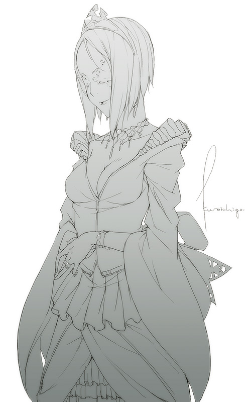 kyo (kuroichigo), original, 1girl, blind, bracelet, breasts, cleavage, earrings, fantasy, female focus, greyscale, jewelry, medium breasts, monochrome, necklace, no eyes, ring, scar, short hair, simple background, smile, solo, tiara, white background