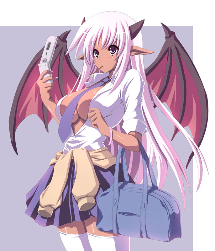 nanakorobi yaoki, original, 1girl, bag, bat wings, breasts, cellphone, cleavage, dark-skinned female, dark skin, demon girl, female focus, food, horns, large breasts, long hair, mouth hold, necktie, phone, pocky, purple eyes, purple hair, school uniform, skirt, solo, thighhighs, wings, zettai ryouiki
