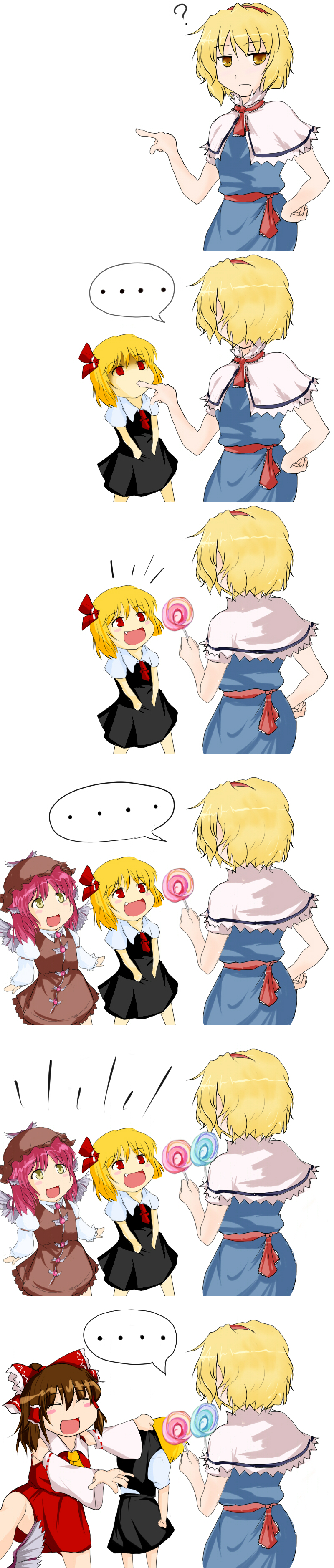beegle, alice margatroid, hakurei reimu, mystia lorelei, rumia, touhou, absurdres, highres, long image, tall image, blonde hair, candy, comic, female focus, food, lollipop, red eyes, silent comic, swirl lollipop