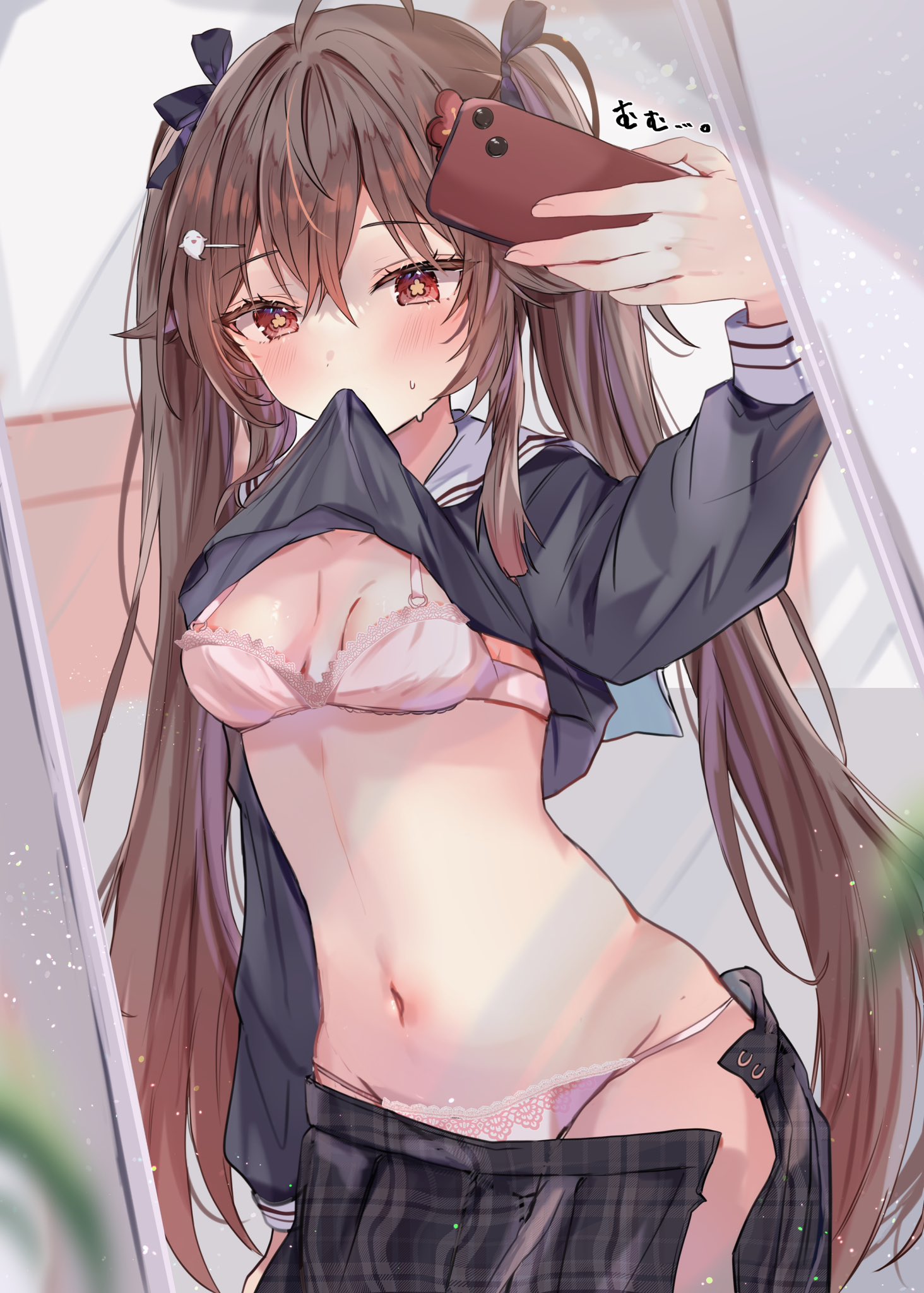maruro, hu tao (genshin impact), genshin impact, highres, 1girl, alternate costume, blush, bra, breasts, brown hair, clothes lift, cowboy shot, flower-shaped pupils, hair between eyes, hair ribbon, holding, holding phone, long hair, long sleeves, mirror, mirror selfie, mouth hold, navel, panties, phone, red eyes, ribbon, sailor collar, school uniform, selfie, serafuku, shirt lift, small breasts, solo, stomach, sweat, symbol-shaped pupils, taking picture, twintails, underwear, undressing