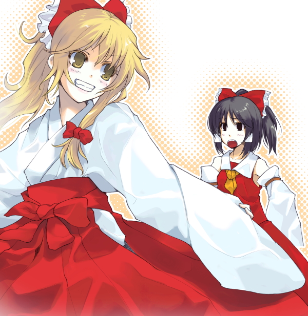 tamaki fuyu, hakurei reimu, kirisame marisa, touhou, 2girls, alternate costume, alternate hairstyle, black eyes, blonde hair, bow, brown hair, colored eyelashes, detached sleeves, eyelashes, female focus, grin, hair bow, halftone, halftone background, japanese clothes, large bow, long hair, looking back, miko, multiple girls, polka dot, polka dot background, ponytail, smile, yellow eyes