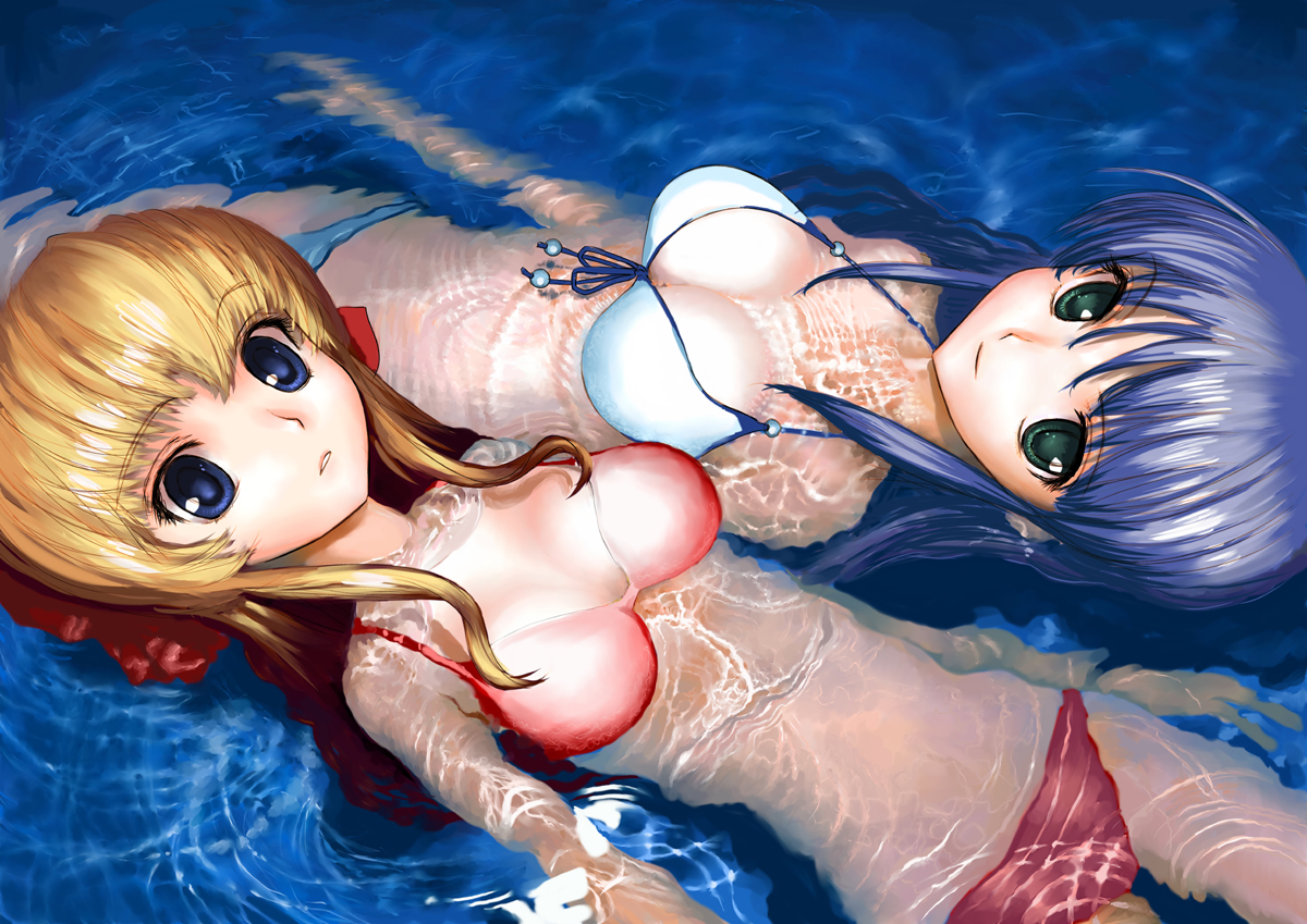 mocha, feena fam earthlight, sendou erika, august soft, fortune arterial, yoake mae yori ruri iro na, 2girls, bikini, blonde hair, blue eyes, blue hair, breasts, company connection, crossover, green eyes, large breasts, multiple girls, submerged, swimsuit, water