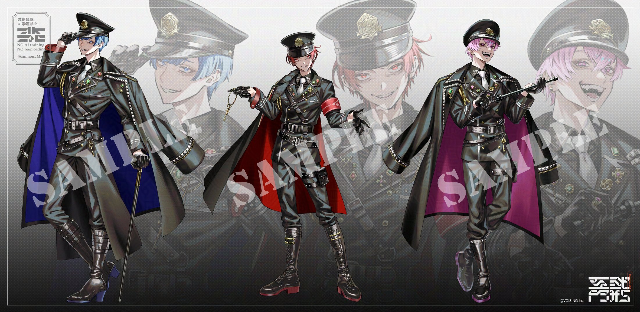 kura1582, highres, official art, 3boys, aiguillette, armband, baton (weapon), belt, belt buckle, ben-day dots, black background, black belt, black boots, black cape, black coat, black gloves, black jacket, black pants, black shirt, blue coat, blue eyes, blue hair, blunt bangs, boots, buckle, buttons, cane, cape, checkered clothes, coat, coat on shoulders, collared shirt, colored shoe soles, copyright notice, crazy eyes, crazy smile, cross, crossed bangs, double-breasted, evil grin, evil smile, fangs, full body, fur-trimmed cape, fur trim, gem, gloves, gradient background, grin, hair between eyes, half-closed eyes, half gloves, hand on headwear, hat, high heel boots, high heels, holding, holding baton (weapon), holding cane, holding key, if (ireisu), ireisu, jacket, key, keyring, knee boots, lapel pin, lapels, lineup, liura (ireisu), long sleeves, looking at viewer, male focus, medal, military hat, military uniform, multiple belts, multiple boys, naiko (ireisu), necktie, notched lapels, open hand, pants, pants tucked in, peaked cap, pink coat, pink eyes, pink hair, platform boots, pouch, red armband, red cape, red eyes, red hair, sam browne belt, sample watermark, sanpaku, screentones, shirt, short hair, side cape, sleeve cuffs, smile, standing, teeth, thigh pouch, two-sided cape, two-sided coat, two-sided fabric, utaite, wallet chain, watermark, weapon, white background, white necktie, zoom layer
