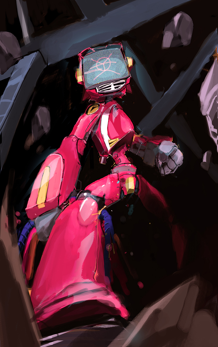 so-bin, canti, flcl, bad id, bad pixiv id, 00s, armor, clenched hand, dark background, from below, holding, mecha, no humans, robot, rock, screen, sketch, standing