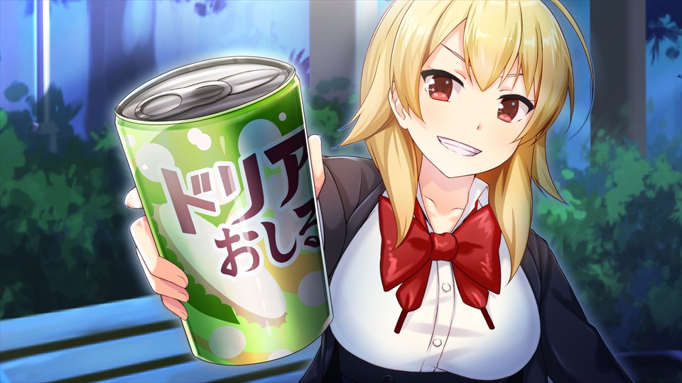 hanao akari, moe! ninja girls, game cg, official art, third-party source, 1girl, ;), bench, blonde hair, bow, bowtie, breasts, day, dot nose, grin, holding, large breasts, long sleeves, looking at viewer, medium hair, one eye closed, outdoors, red bow, red bowtie, red eyes, school uniform, shirt, smile, solo, white shirt