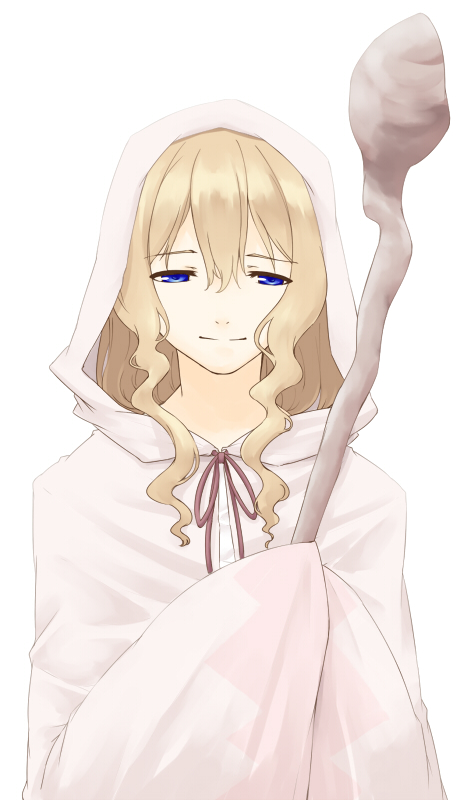 sakuraba yuuki, white mage (final fantasy), final fantasy, 1girl, blonde hair, blue eyes, female focus, hood, simple background, solo, staff