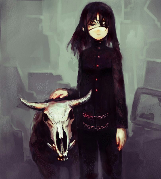 oguchi, original, bad id, bad pixiv id, black hair, chain, eyepatch, gakuran, long hair, monster, school uniform, skull, solo, teeth, tusks
