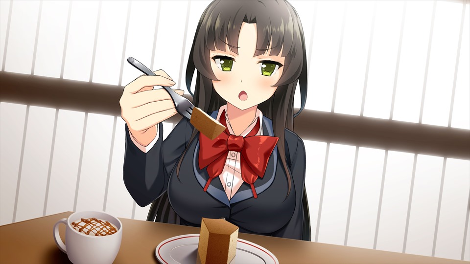 saion-ji enju, moe! ninja girls, game cg, official art, third-party source, 1girl, black hair, bow, bowtie, breasts, brown hair, cup, eating, food, fork, green eyes, holding, holding fork, indoors, jacket, large breasts, light blush, long hair, long sleeves, looking at viewer, open mouth, parted bangs, red bow, red bowtie, school uniform, shirt, sidelocks, solo, table, upper body, very long hair