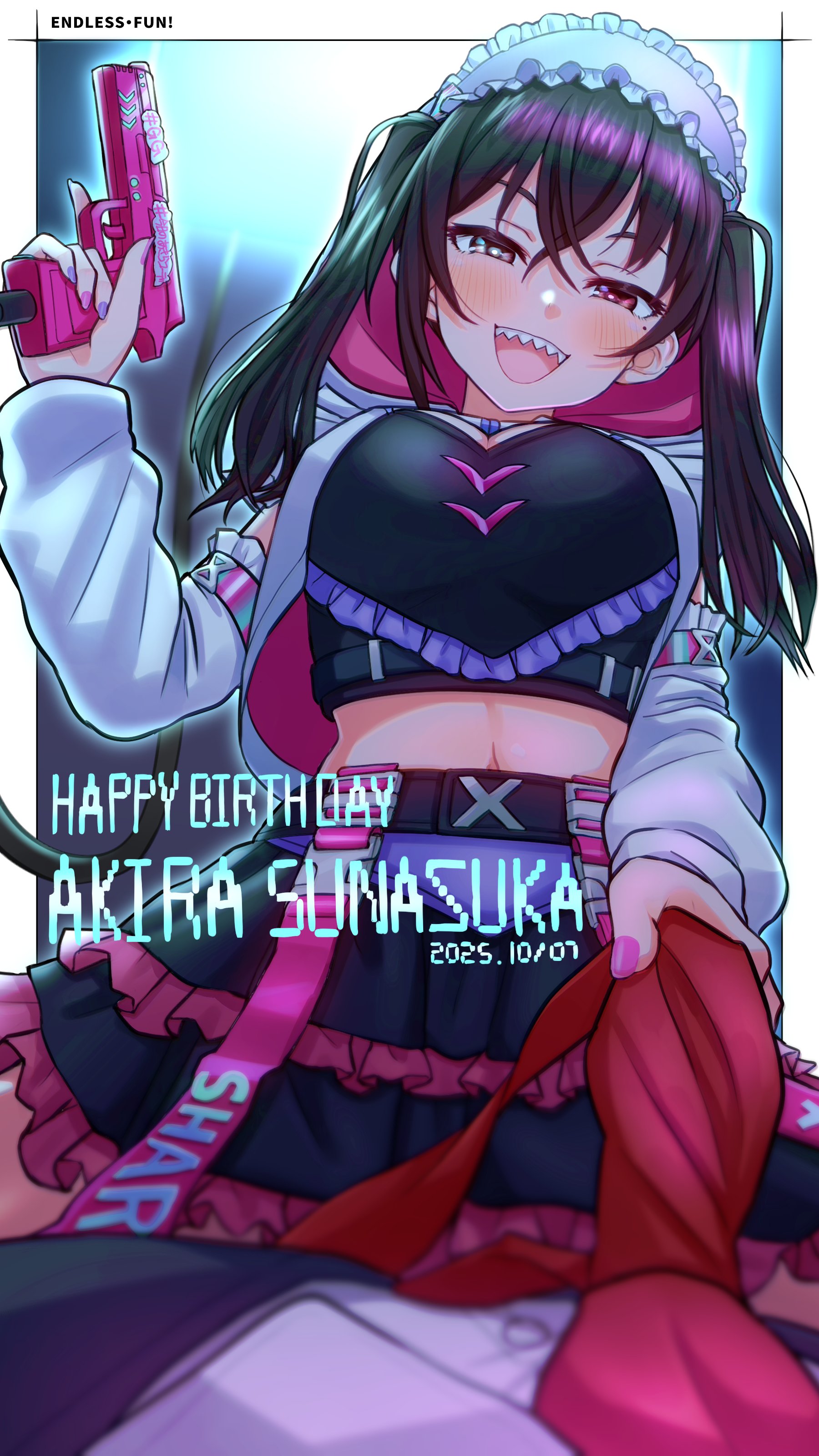 dokudoku913, sunazuka akira, idolmaster, idolmaster cinderella girls, absurdres, highres, 1girl, alternate breast size (larger), black hair, black skirt, black suit, breasts, brown hair, character name, clothes writing, crop top, detached sleeves, english text, formal clothes, frills, gun, hair between eyes, handgun, happy birthday, holding, holding gun, holding necktie, holding weapon, medium breasts, midriff, nail polish, navel peek, necktie, official alternate costume, open mouth, pink skirt, pov, red necktie, sharp teeth, shirt, skirt, suit, teeth, twintails, two-tone skirt, weapon, white shirt