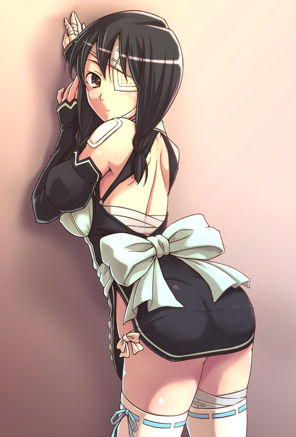 e20, futaba riho, gotou yuuko, kobushi abiru, dream c club, dream c club (series), sayonara zetsubou sensei, 1girl, against wall, ass, bandage over one eye, bandages, bare shoulders, black hair, braid, breasts, brown eyes, cosplay, covered erect nipples, eyepatch, female focus, futaba riho (cosplay), long hair, looking back, lowleg, lowleg panties, medium breasts, panties, pantylines, ribbon-trimmed legwear, ribbon trim, side-tie panties, side slit, solo, thighhighs, twin braids, twintails, underwear, voice actor connection, waitress, white thighhighs