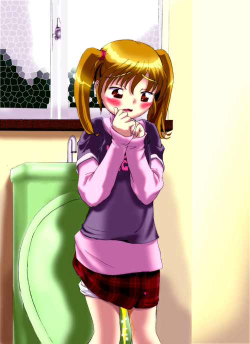 blonde hair, blush, loli, long sleeves, open mouth, panties, peeing, short twintails, skirt, sleeves past wrists, toilet, twintails, underwear, window