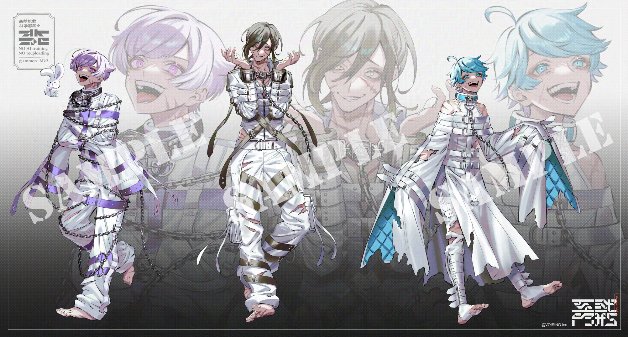 kura1582, highres, official art, 3boys, :d, :p, ahoge, bare shoulders, barefoot, belt, belt buckle, ben-day dots, black background, blue collar, blue eyes, blue hair, bound, bound arms, brown belt, brown hair, buckle, chain, chain leash, clothing cutout, collar, collarbone, constricted pupils, copyright notice, crazy eyes, crazy grin, crazy smile, crossed arms, full body, gradient background, hair between eyes, hands up, hip vent, hotoke (ireisu), ireisu, leash, leg belt, lineup, long sleeves, looking at viewer, male focus, mask, multiple boys, muzzle (mask), open mouth, padded sleeves, pants, pouch, purple belt, purple collar, purple eyes, purple hair, restrained, robe, sample watermark, scar, scar on face, scar on foot, scar on neck, scar on shoulder, screentones, shirt, sho (ireisu), short hair, shoulder cutout, sleeves past fingers, sleeves past wrists, smile, socks, standing, standing on one leg, stirrup legwear, straitjacket, stuffed animal, stuffed rabbit, stuffed toy, swept bangs, teeth, thigh pouch, toeless legwear, tongue, tongue out, torn clothes, torn pants, torn shirt, uneven eyes, unworn mask, upper teeth only, utaite, watermark, white background, white belt, white pants, white robe, white shirt, white socks, wide sleeves, yellow eyes, yusuke (ireisu), zoom layer