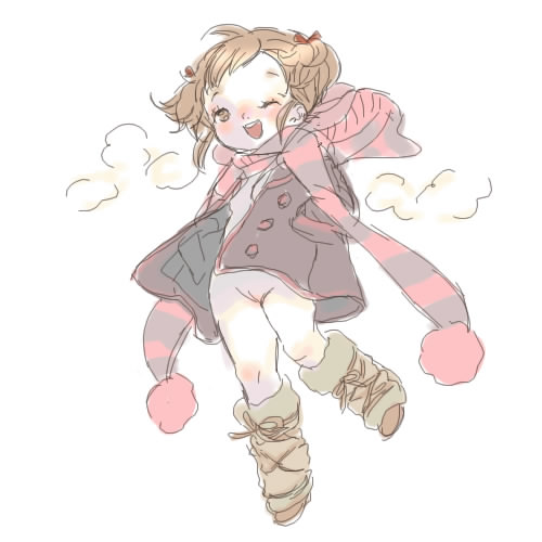 lowres, aged down, blush, boots, brown eyes, brown hair, cloud, coat, hair ribbon, loli, open mouth, pussy, ribbon, scarf, uncensored