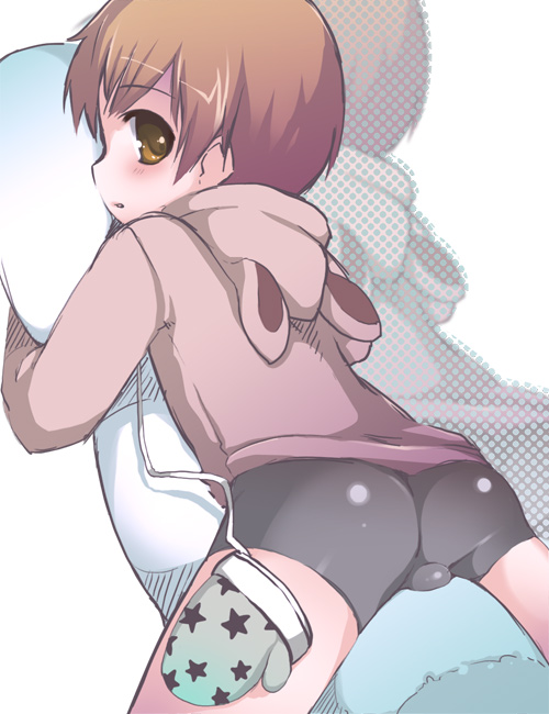 nemunemu (candy paddle), source request, 1boy, bike shorts, brown eyes, brown hair, gloves, hood, hoodie, male focus, pillow, shorts, shota, solo