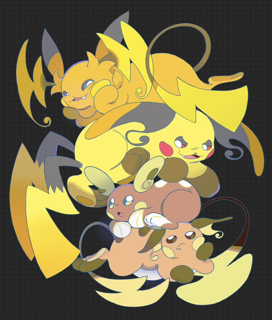 feyzi, alolan raichu, mega raichu x, mega raichu y, raichu, nintendo, pokemon, alolan form, black background, blue eyes, brown eyes, closed mouth, fang, fangs, gen 1 pokemon, gen 7 pokemon, mega pokemon, multiple tails, no humans, open mouth, orange fur, pokemon (creature), pokemon focus, regional and normal, smile, stack, tail, very long ears, very long tail, yellow fur