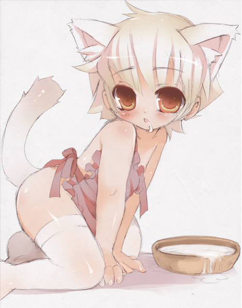 1girl, animal ears, apron, blonde hair, bowl, cum, drooling, loli, milk, open mouth, pet play, plate, saliva, tail, thighhighs