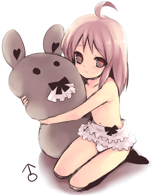 nemunemu (candy paddle), 1boy, ahoge, brown hair, gradient background, male focus, panties, shota, skirt, solo, stuffed animal, stuffed toy, teddy bear, thighhighs, trap, underwear
