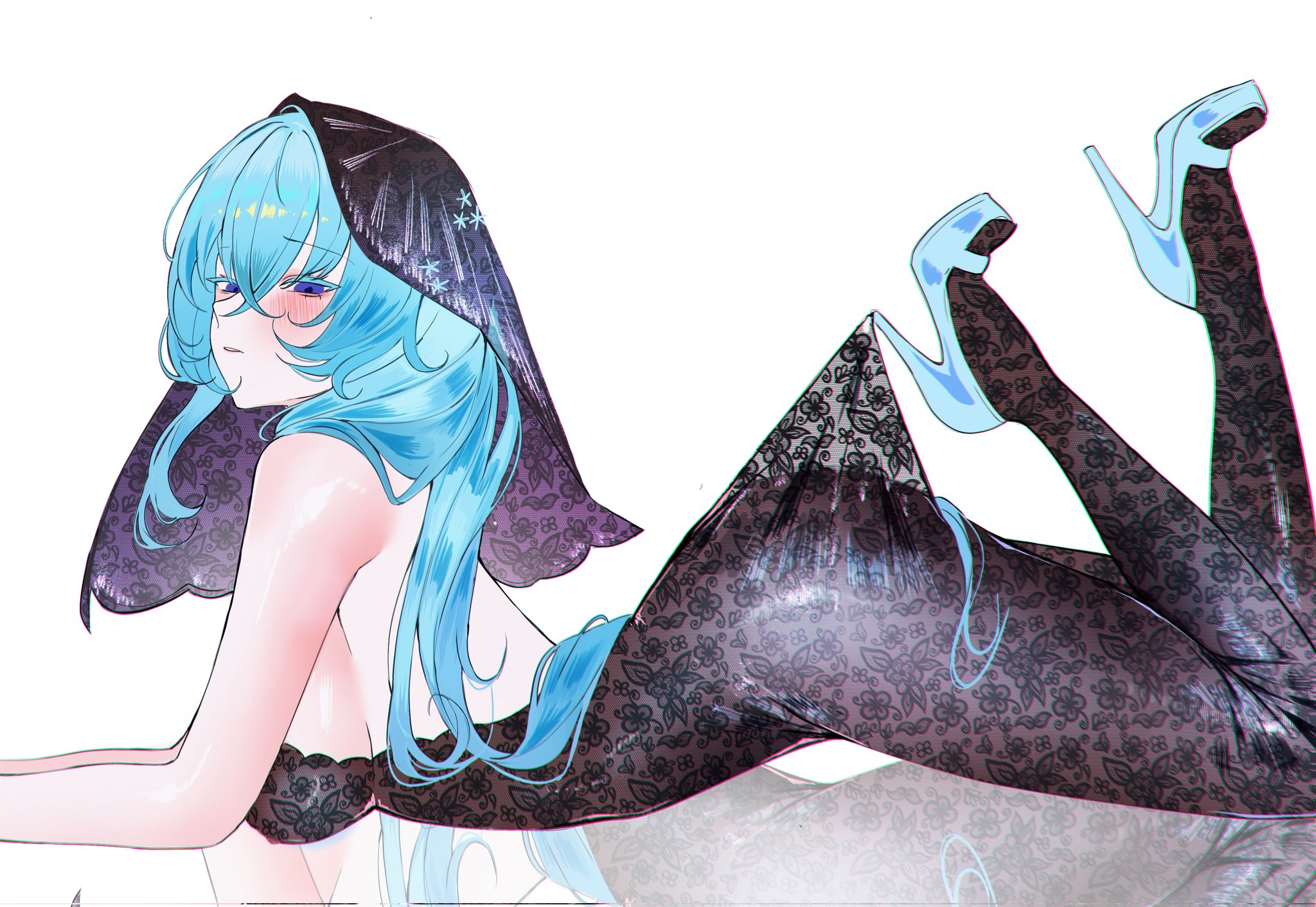 sanya (sanya lox228), shorekeeper (wuthering waves), wuthering waves, black bodystocking, commentary, english commentary, highres, 1girl, alternate costume, ass, backless outfit, bare shoulders, black veil, blue hair, blue shoes, blush, breasts, chromatic aberration, colored eyelashes, from side, hair between eyes, high heels, hooked on heel, lace pantyhose hooked on heel (meme), large breasts, long hair, looking at viewer, looking to the side, lying, meme, on stomach, parted lips, purple eyes, reflective floor, shoes, sideboob, simple background, solo, the pose, veil, very long hair, white background