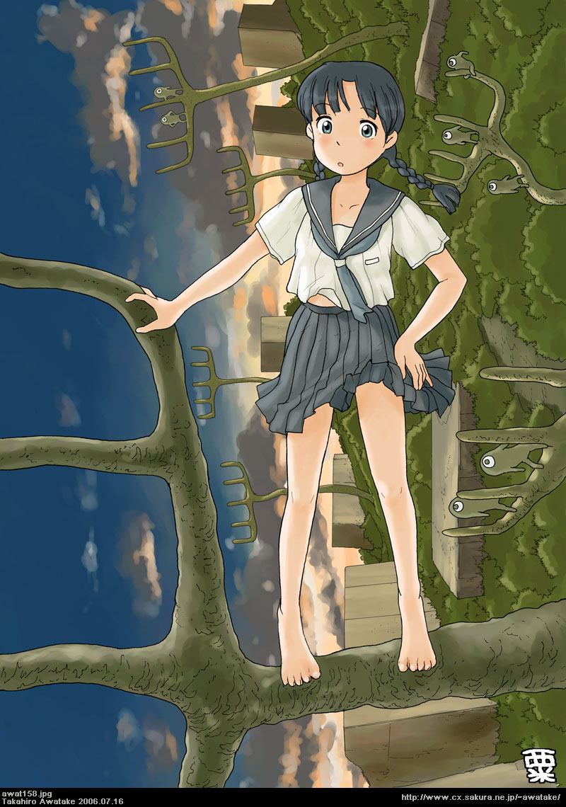 awatake takahiro, 00s, 1girl, 2006, alien, artist name, barefoot, braid, cloud, creature, dated, feet, female focus, nature, outdoors, school uniform, serafuku, sideways, sky, solo, sunset, toes, twin braids, watermark, web address
