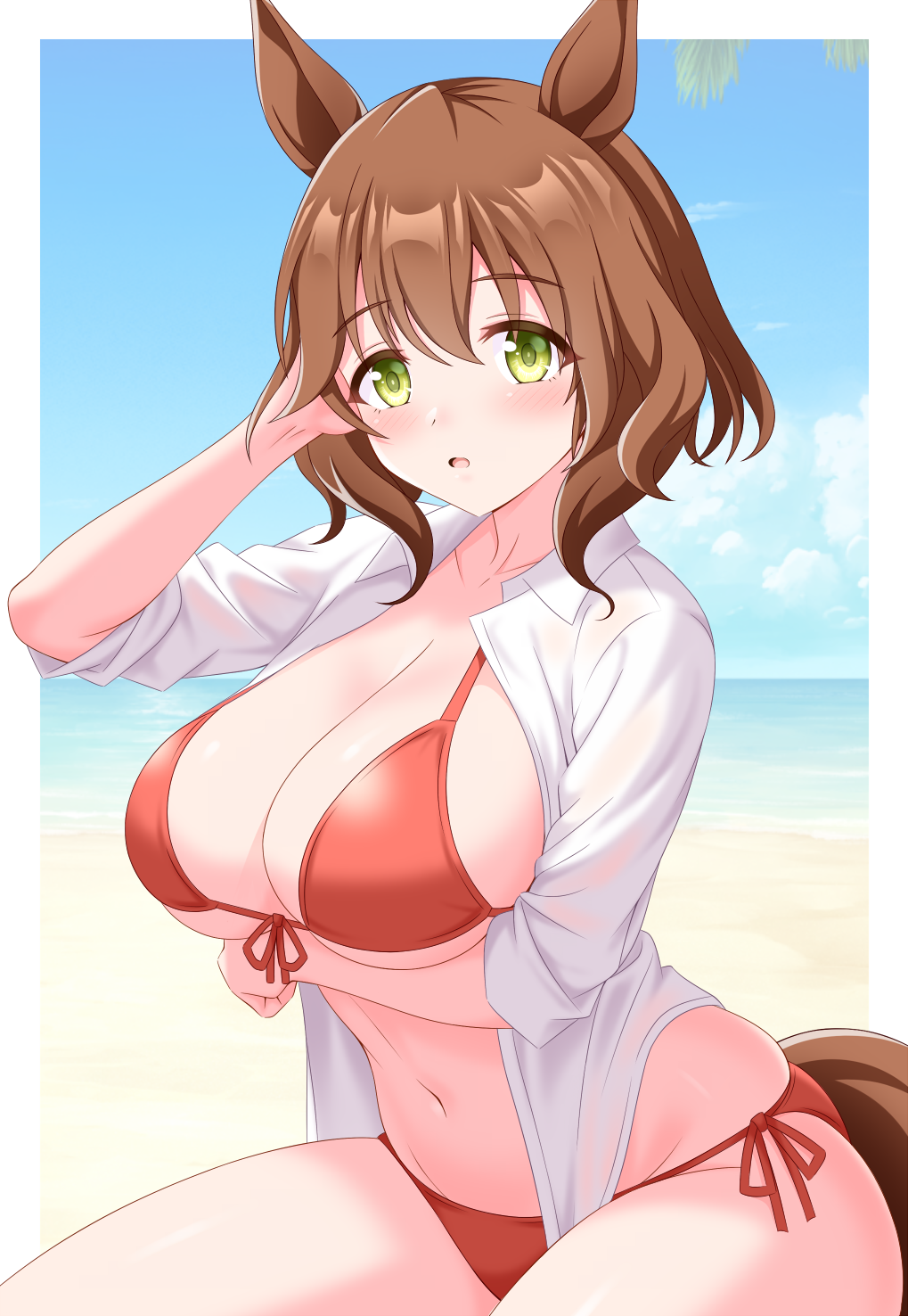 gurukorian, aston machan (umamusume), umamusume, commentary request, highres, 1girl, :o, animal ears, arm under breasts, beach, bikini, breasts, brown hair, cleavage, collared shirt, green eyes, hand in own hair, hand up, horse ears, horse girl, horse tail, large breasts, light blush, looking at viewer, navel, open clothes, open shirt, parted lips, red bikini, see-through clothes, see-through shirt, shirt, short hair, sitting, solo, stomach, swimsuit, tail, white shirt