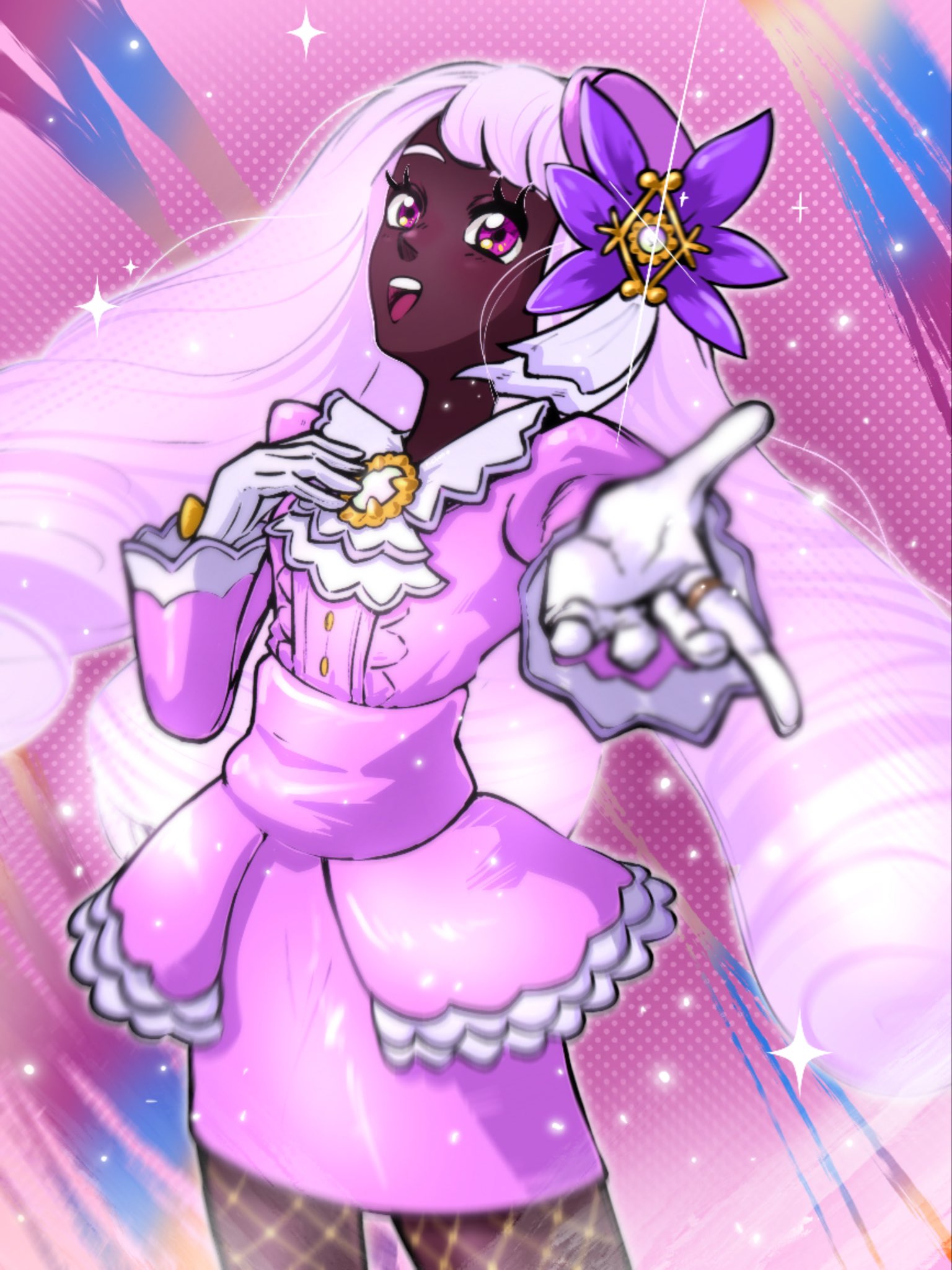 pownchao, jacinthe (pokemon), nintendo, pokemon, pokemon legends: z-a, highres, 1girl, ascot, dark-skinned female, dark skin, dress, fascinator, fishnets, frilled ascot, frills, gloves, hair ornament, juliet sleeves, long hair, long sleeves, low drills, mega stone, open mouth, outstretched arm, puffy sleeves, purple dress, purple eyes, purple hair, smile, solo, star (symbol), teeth, upper teeth only, very dark skin, white gloves