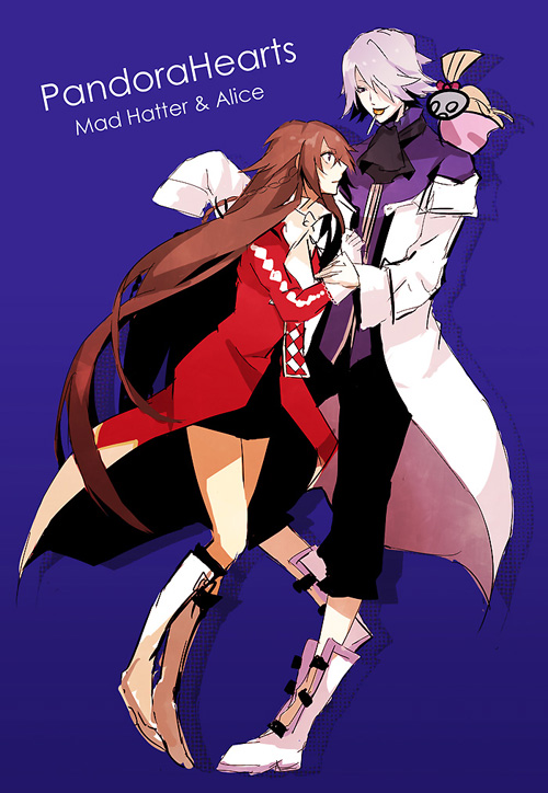 arisaka ako, alice (pandora hearts), emily (pandora hearts), xerxes break, pandora hearts, silver hair, 00s, boots, bow, braid, brown hair, candy, detached sleeves, food, frills, gloves, hair over one eye, lollipop, long hair, miniskirt, necktie, short hair, skirt, very long hair