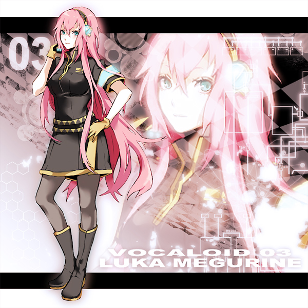arisaka ako, megurine luka, vocaloid, alternate costume, armband, belt, boots, dress, gloves, headset, knee boots, long hair, pantyhose, pink hair, solo, zoom layer