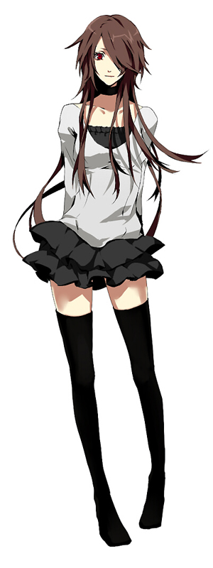 arisaka ako, original, 1girl, black thighhighs, blouse, brown hair, choker, female focus, hair over one eye, long hair, shirt, skirt, solo, thighhighs