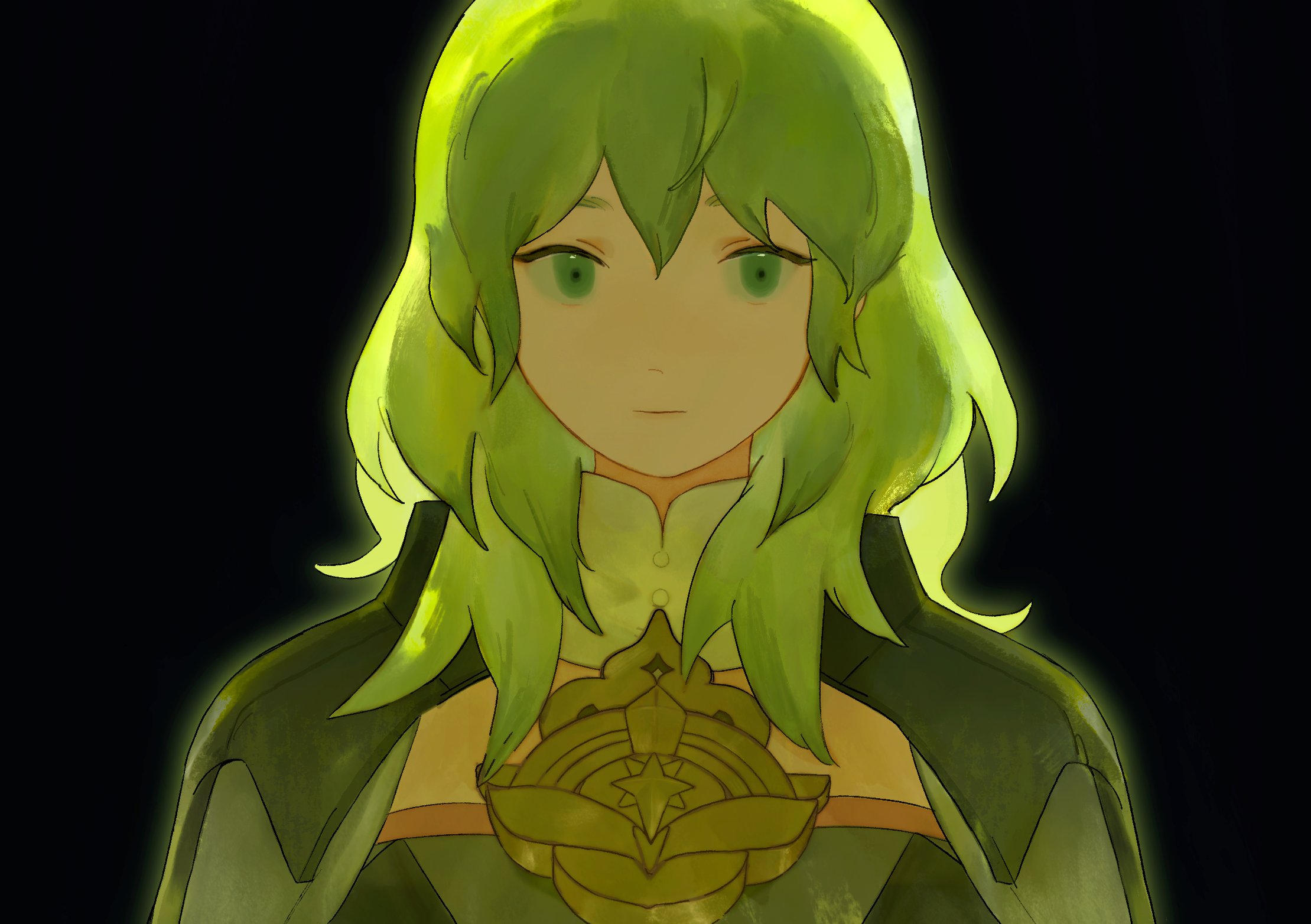 pararade, female byleth (awakened) (fire emblem), female byleth (fire emblem), fire emblem, fire emblem: three houses, nintendo, highres, 1girl, alternate hair color, armor, black armor, black background, breasts, cape, closed mouth, green eyes, green hair, hair between eyes, long hair, looking at viewer, simple background, solo, upper body