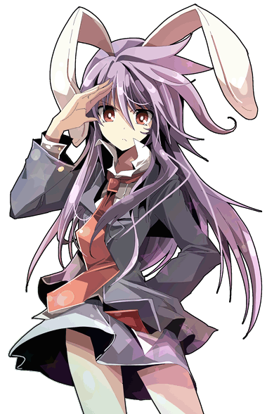 fruit punch, reisen udongein inaba, touhou, 1girl, animal ears, female focus, hand in pocket, long hair, necktie, purple hair, rabbit ears, red eyes, red necktie, salute, solo