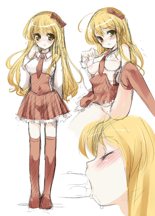 drawing, aged down, blonde hair, blush, drooling, green eyes, loli, penis, precum, pussy, saliva, thighhighs