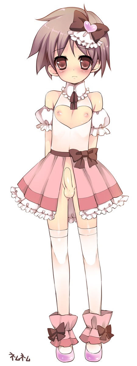 nemunemu (candy paddle), 1boy, aged down, blush, bow, brown eyes, brown hair, closed mouth, collar, crossdressing, crossdressing (mtf), detached sleeves, embarrassed, frills, frown, full body, hair bow, heart, male focus, matching hair/eyes, nipples, penis, pleated skirt, puffy sleeves, revealing clothes, ribbon, shiny skin, shoes, shota, simple background, skirt, solo, standing, thighhighs, trap, uncensored, white background, white thighhighs, zettai ryouiki