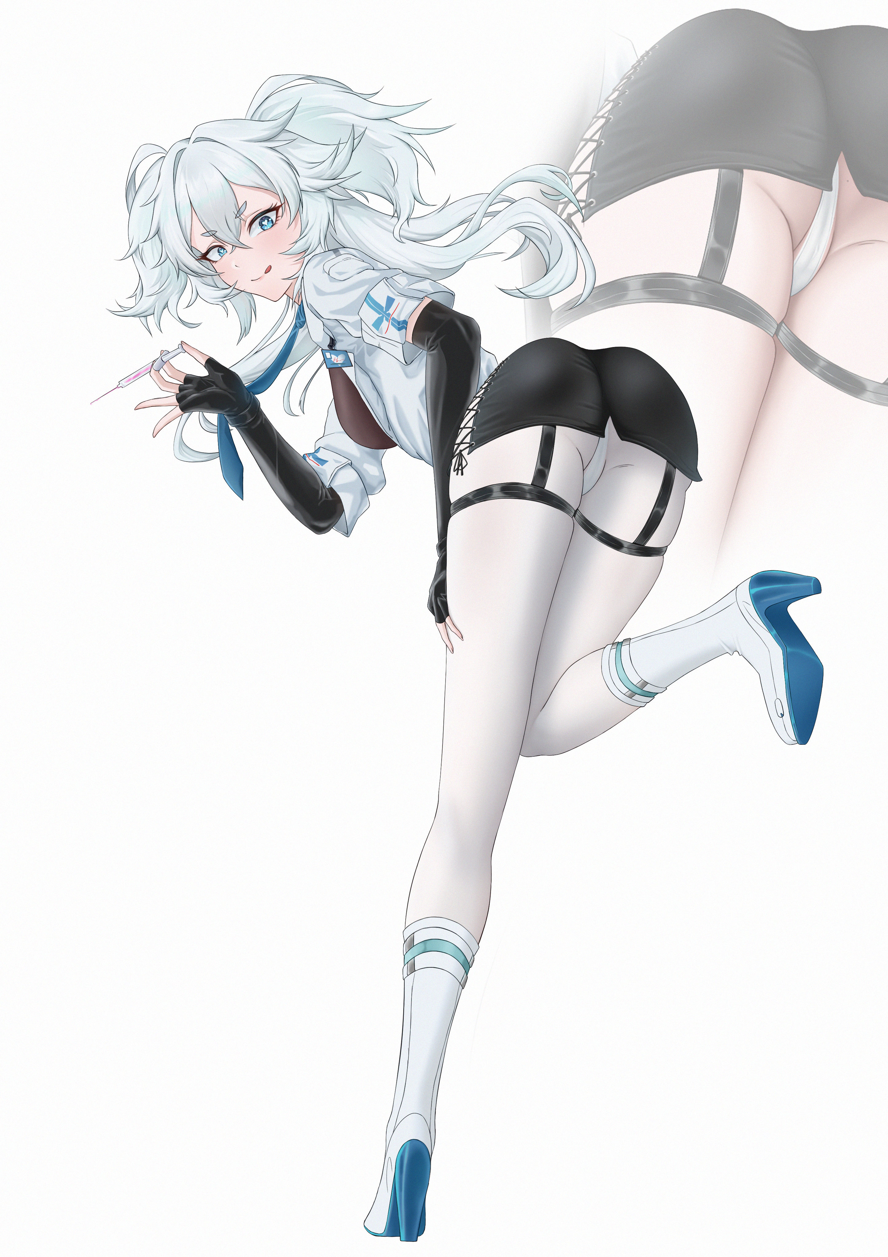 florence (girls' frontline 2), pa-15 (girls' frontline), girls' frontline, girls' frontline 2: exilium, absurdres, highres, 1girl, :q, akkuon, ass, bent over, black gloves, black skirt, blue eyes, boots, breasts, cross-laced clothes, cross-laced skirt, elbow gloves, fingerless gloves, from behind, full body, gloves, hair between eyes, hand on own thigh, hand up, heart, heart-shaped pupils, high heel boots, high heels, holding, holding syringe, id card, jacket, legs, long hair, looking at viewer, looking back, medium breasts, miniskirt, panties, pantyhose, seductive smile, skirt, smile, solo, standing, standing on one leg, symbol-shaped pupils, syringe, thigh strap, thighs, tongue, tongue out, underwear, very long hair, white hair, white jacket, white panties