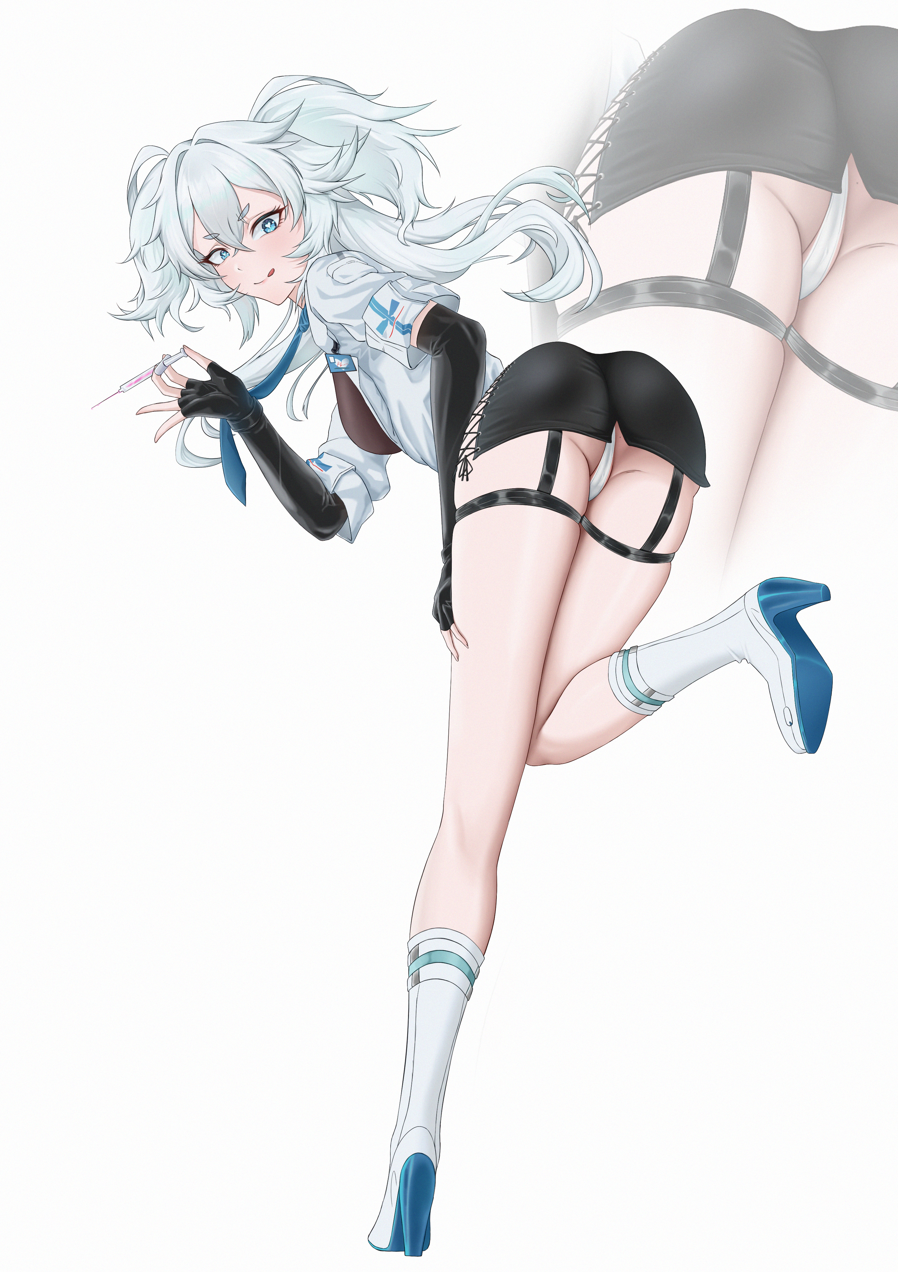 florence (girls' frontline 2), pa-15 (girls' frontline), girls' frontline, girls' frontline 2: exilium, absurdres, highres, 1girl, :q, akkuon, ass, bare legs, bent over, black gloves, black skirt, blue eyes, boots, breasts, cross-laced clothes, cross-laced skirt, elbow gloves, fingerless gloves, from behind, full body, gloves, hair between eyes, hand on own thigh, hand up, heart, heart-shaped pupils, high heel boots, high heels, holding, holding syringe, id card, jacket, legs, long hair, looking at viewer, looking back, medium breasts, miniskirt, panties, seductive smile, skirt, smile, solo, standing, standing on one leg, symbol-shaped pupils, syringe, thigh strap, thighs, tongue, tongue out, underwear, very long hair, white hair, white jacket, white panties