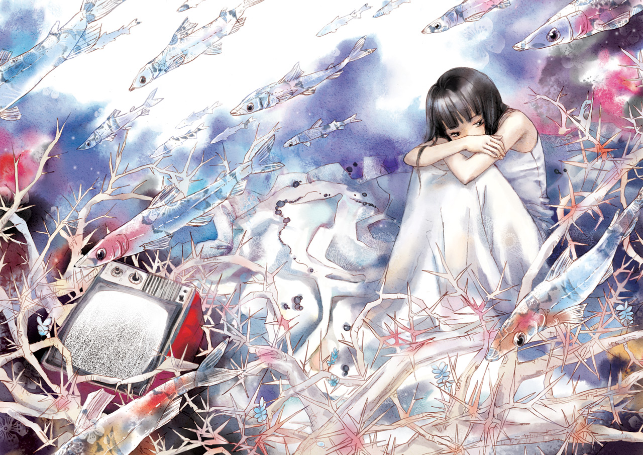 qincai, selina, original, traditional media, black eyes, black hair, bubble, dress, fish, solo, television, underwater