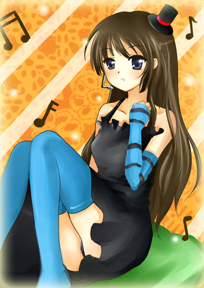 nikoo, akiyama mio, don't say "lazy", k-on!, bad id, bad pixiv id, 00s, 1girl, bare shoulders, blue eyes, blush, brown hair, dress, female focus, fingerless gloves, gloves, hat, headset, microphone, mini hat, mini top hat, panties, pantyshot, solo, striped clothes, striped gloves, thighhighs, top hat, underwear