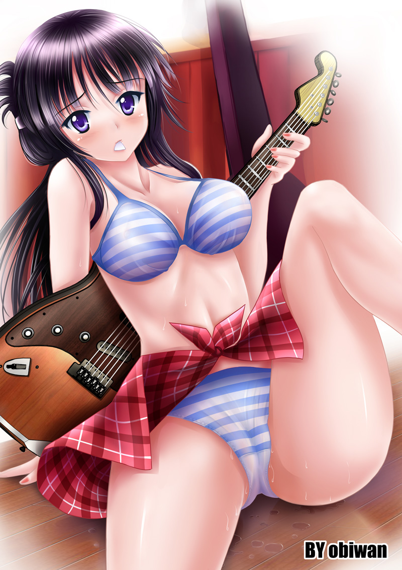 obiwan, akiyama mio, k-on!, 00s, 1girl, bikini, black hair, blue bikini, blue eyes, breasts, cameltoe, female focus, guitar, guitar case, instrument, instrument case, long hair, mouth hold, nail polish, pink nails, plaid clothes, plaid skirt, plectrum, sitting, skirt, solo, striped bikini, striped clothes, sweat, swimsuit