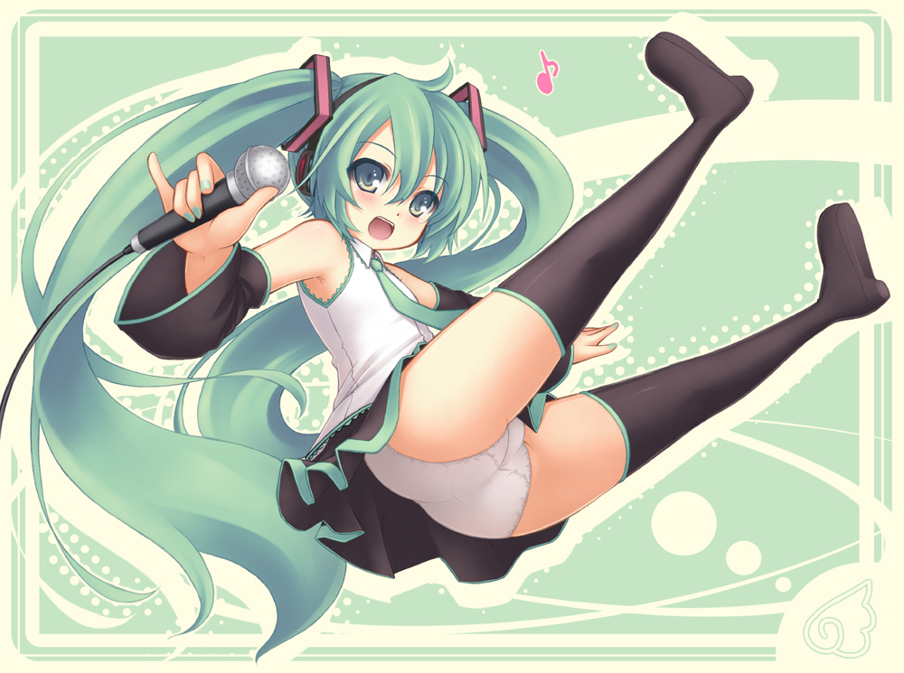 ryo (botugo), hatsune miku, vocaloid, ass, blush, boots, cameltoe, detached sleeves, falling, from below, green eyes, green hair, headphones, long hair, microphone, panties, skirt, solo, thighhighs, twintails, underwear, upskirt, white panties, zettai ryouiki