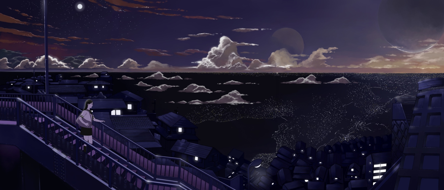 shiira, original, lights, bad id, bad perspective, bad pixiv id, 1girl, bag, cityscape, cloud, female focus, moon, night, outdoors, scenery, school uniform, serafuku, sky, solo, stairs, walking