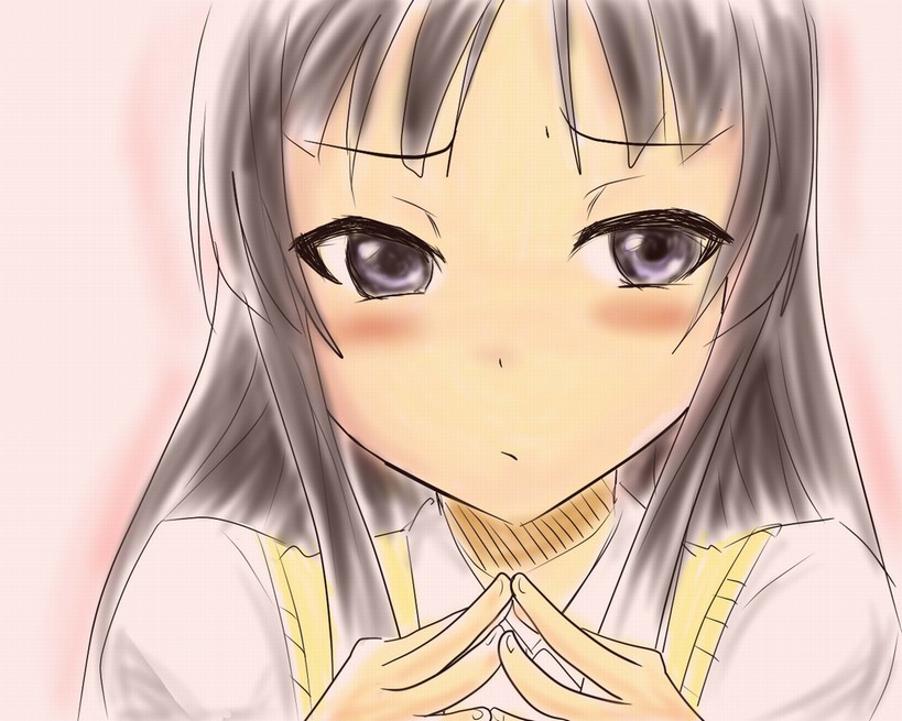 tsuchifumazu, akiyama mio, k-on!, looking away, bad id, bad pixiv id, 00s, 1girl, black eyes, black hair, blush, female focus, portrait, school uniform, solo, steepled fingers, sweater vest, vest