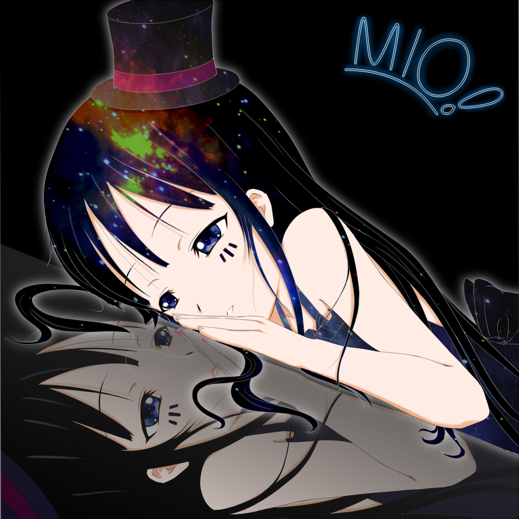 shiki (usk4), shimoku, akiyama mio, don't say "lazy", k-on!, bad id, bad pixiv id, 00s, 1girl, black hair, blue eyes, blunt bangs, dress, facepaint, female focus, hat, hime cut, long hair, mini hat, mini top hat, reflection, smile, solo, top hat